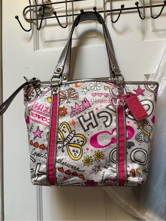 Coach Handbags - Coach Graffti bandana Butterfly Tote Pink&Silver EUC